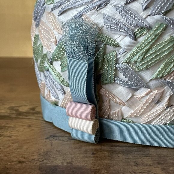 Vintage 1960s Womens Dress Hat Raffia Ribbon Woven Pastels Easter Wedding Derby - Picture 3 of 16